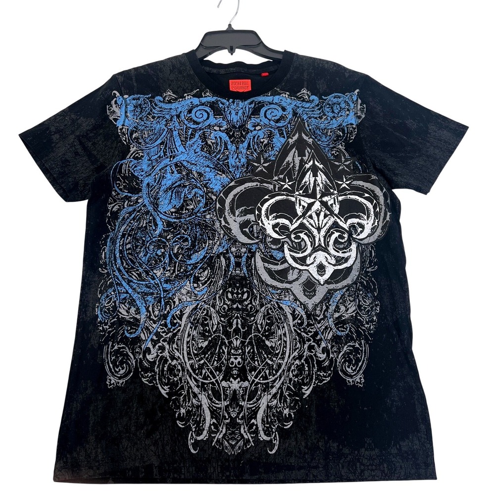 Rock & Roll Cowboy Shirt Mens Medium Black‎ Blue Graphic Fleur De Lis Western